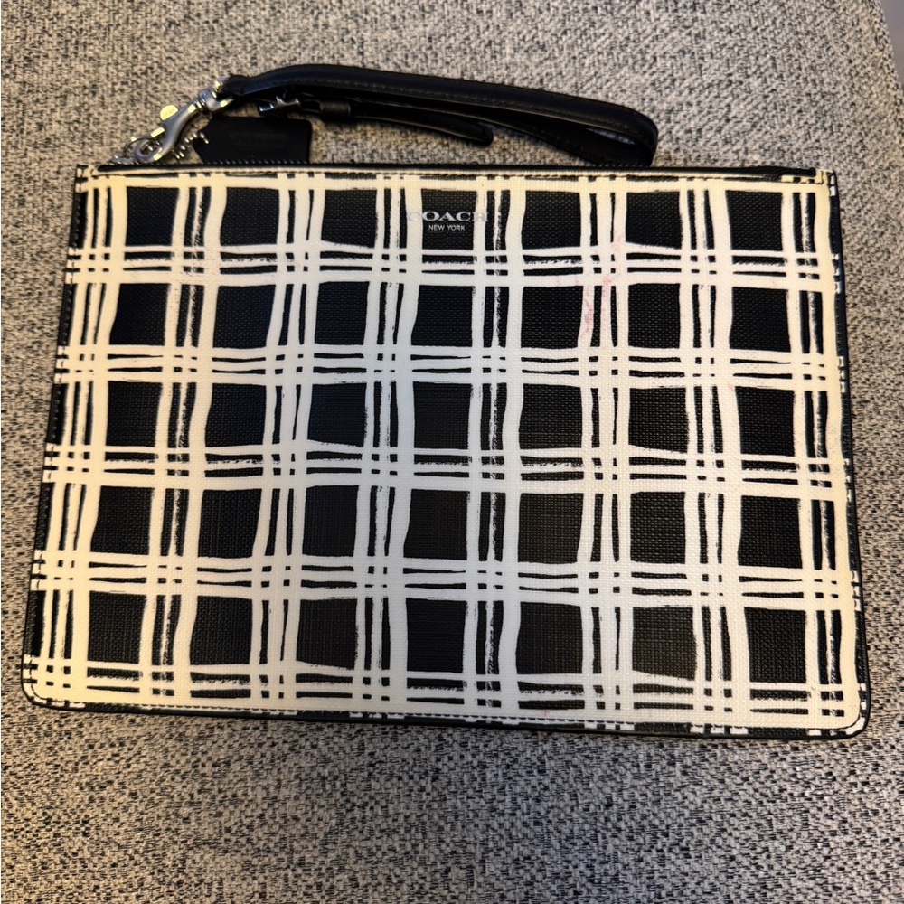 Coach Bleecker black and white print coated canvas flat zip case #50966